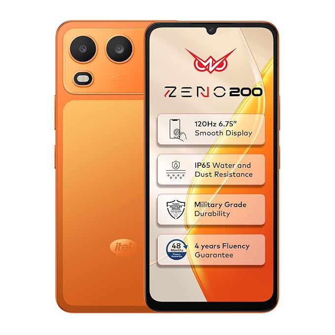 Itel Zeno 200 (Comet Orange, 4 GB RAM, 128 GB Storage) | 6.75" HD+ Display | 120 Hz Refresh Rate | IP65 Dust & Water Resistance | 13 MP Camera | 5000 mAh Battery | Charger in Box